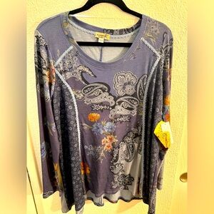 ONE WORLD Blue Graphic Long Sleeve Blouse NWT